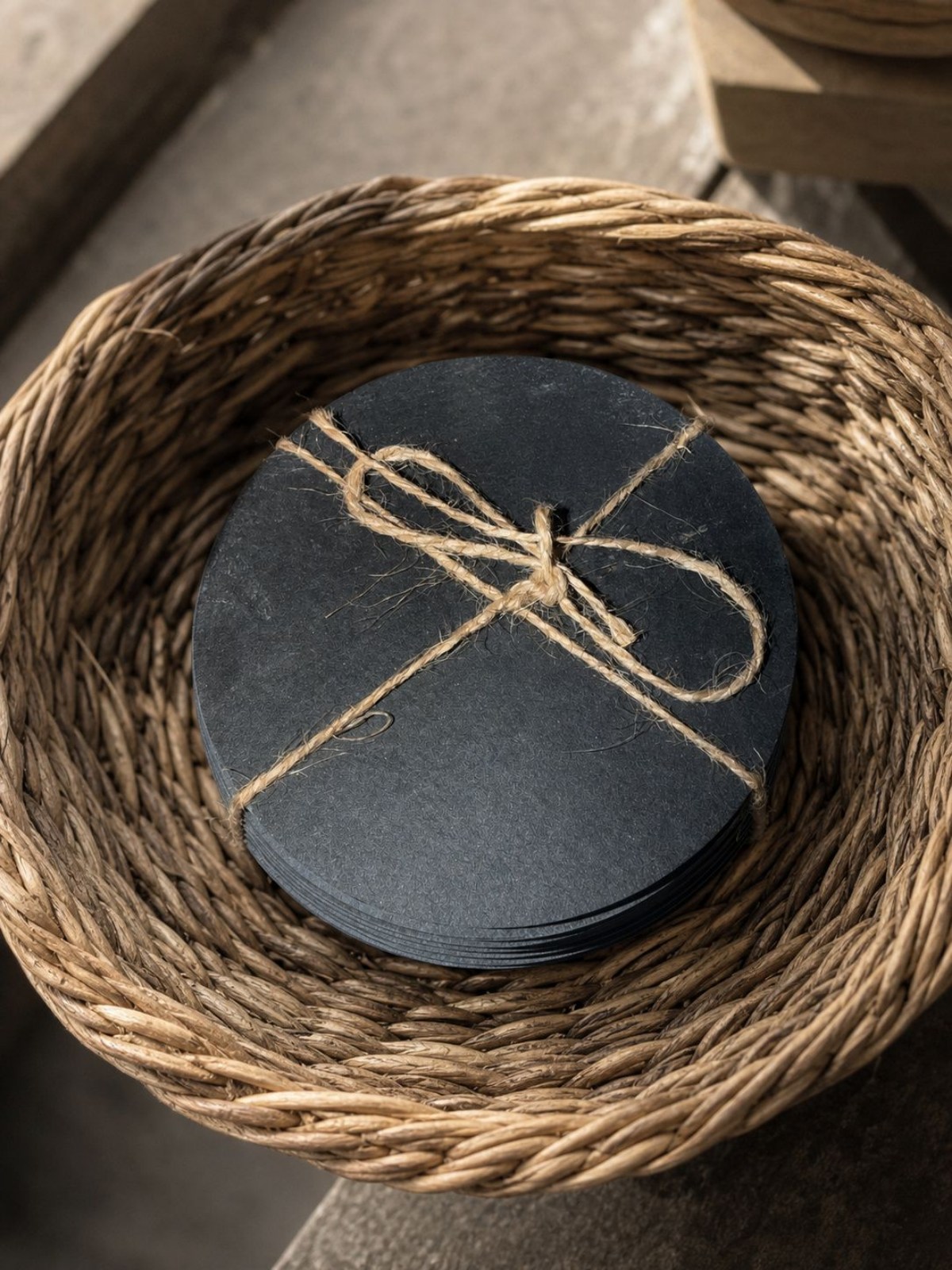 Stack of round slate coasters tied with twine in a woven basket